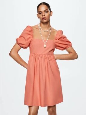 NWT Mango Miri Puffed Sleeve Mini Dress - Coral Pink 100% Cotton - Size XS